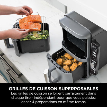 NINJA Double Stack XL Friteuse sans huile, friteuse verticale à 2 tiroirs, 4 niveaux cuisson, 2 tiroirs et 2 grilles, design compact, capacité de 9,5L, 6 fonctions de cuisson, 8 portions, gris SL400EU