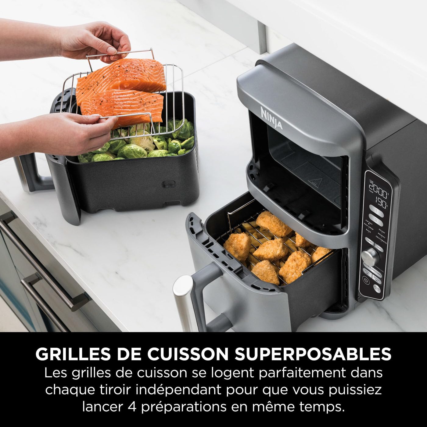 NINJA Double Stack XL Friteuse sans huile, friteuse verticale à 2 tiroirs, 4 niveaux cuisson, 2 tiroirs et 2 grilles, design compact, capacité de 9,5L, 6 fonctions de cuisson, 8 portions, gris SL400EU