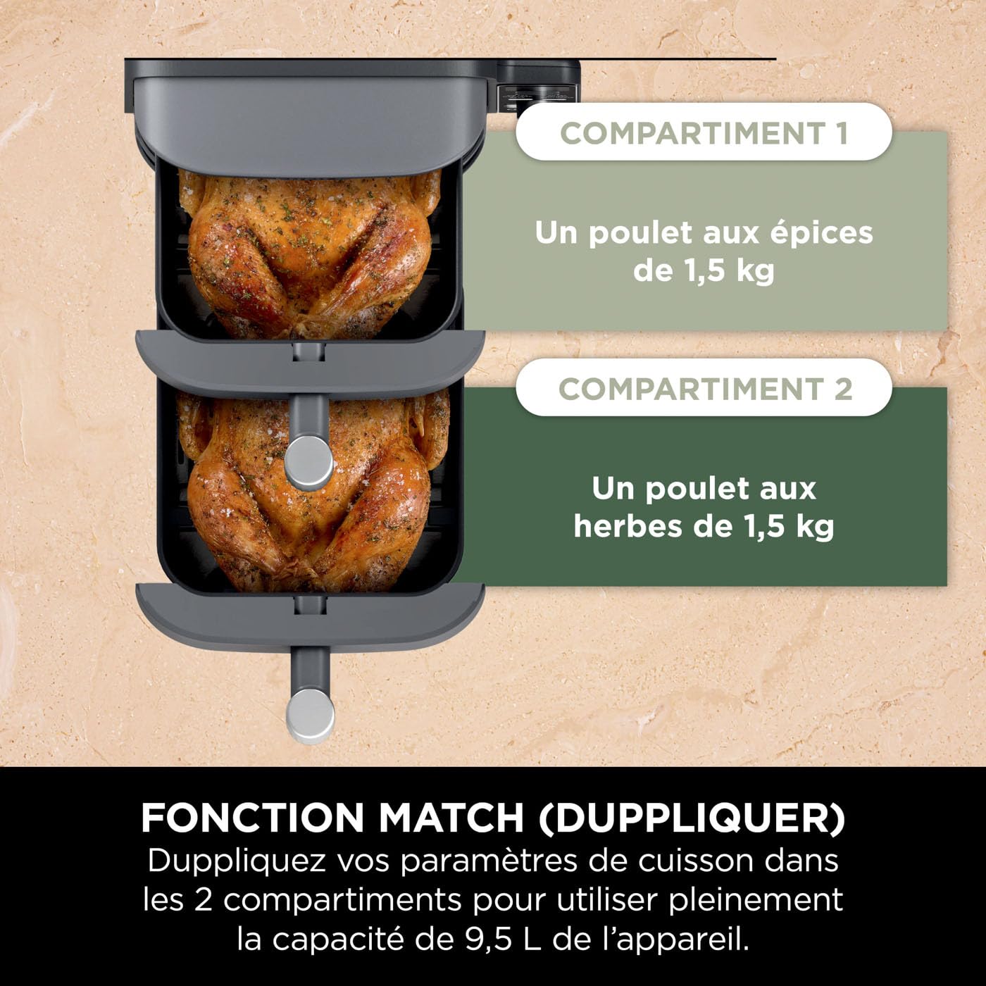NINJA Double Stack XL Friteuse sans huile, friteuse verticale à 2 tiroirs, 4 niveaux cuisson, 2 tiroirs et 2 grilles, design compact, capacité de 9,5L, 6 fonctions de cuisson, 8 portions, gris SL400EU