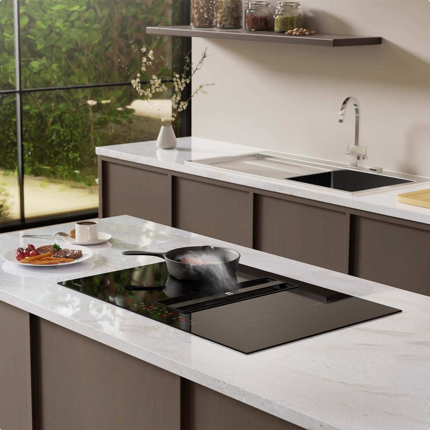 CIARRA One Plaque à Induction et Hotte Intégrée-4 Foyers-83cm-7000W-9 Niveaux de Puissante-500m³/h-Flex zone-Boost-4 Vitesses-Filtration Multiple-Tactile-Verrouillage Enfant