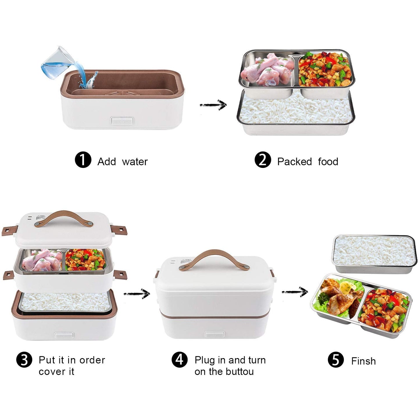 Self Cooking Electric Lunch Box, Toursion Mini Rice Cooker, 2 couches Steamer Lunch Box for Home Office School Travel Cook Raw Food, 800 ML/110 V (Only the Wall PLUG)