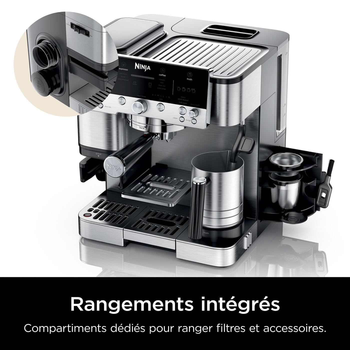 NINJA Machine à café Luxe Premier 3-en-1, Latte, Cappuccino, Infusion à froid et Espresso avec broyeur à grains et mousseur à lait intégrés, facile à utiliser, 4 préréglages mousse, argent, ES601EU