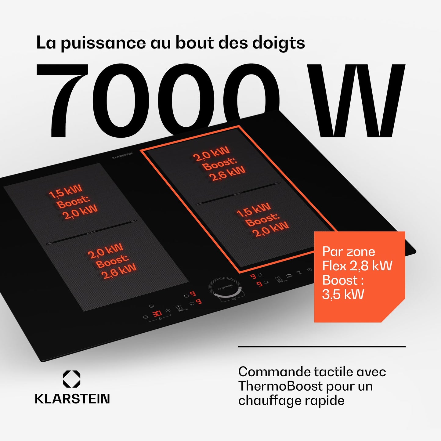 Klarstein Table de cuisson électrique induction encastrée 7000W 4 feux ThermoBoost