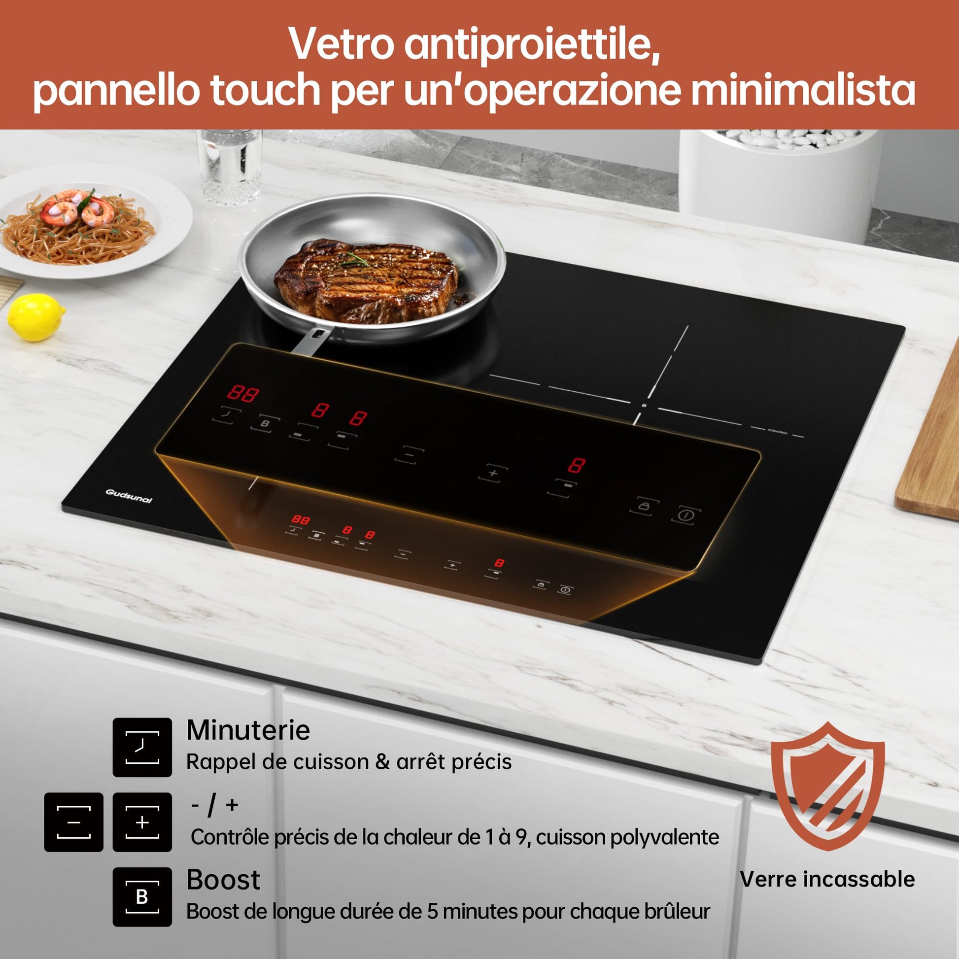 Gudsunal Plaque induction 3 feux, Table de Cuisson Encastrable,7200W, 9 niveaux de chauffage,Boost, Minuterie, Arrêt automatique, Verrouillage de sécurité enfant