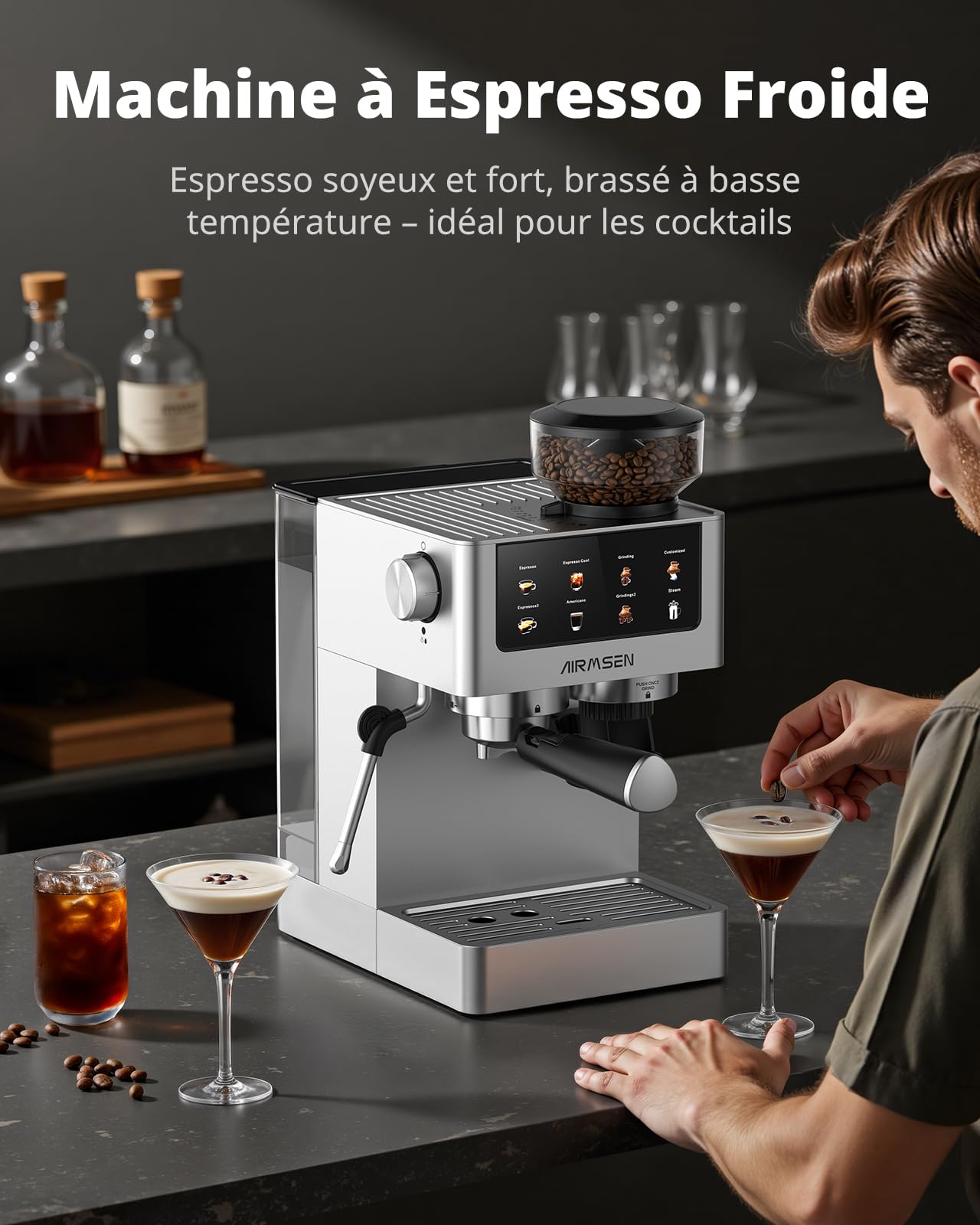 AIRMSEN Espresso Machine à Café Grain à Tasse avec Mousseur à Lait - Programmable, Écran Tactile Couleur, Compatible Café Froid (Cold Brew) et Americano, En Acier Inoxydable, Réservoir 1.8L