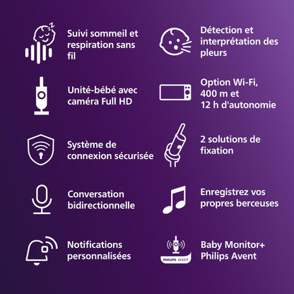 AVENT Philips Babyphone vidéo connecté HD, Moniteur Le Plus avancé à ce Jour, Suivi IA du Sommeil et de la Respiration, Application, Affichage Jour et Nuit Ultra-Clair, SCD973/26