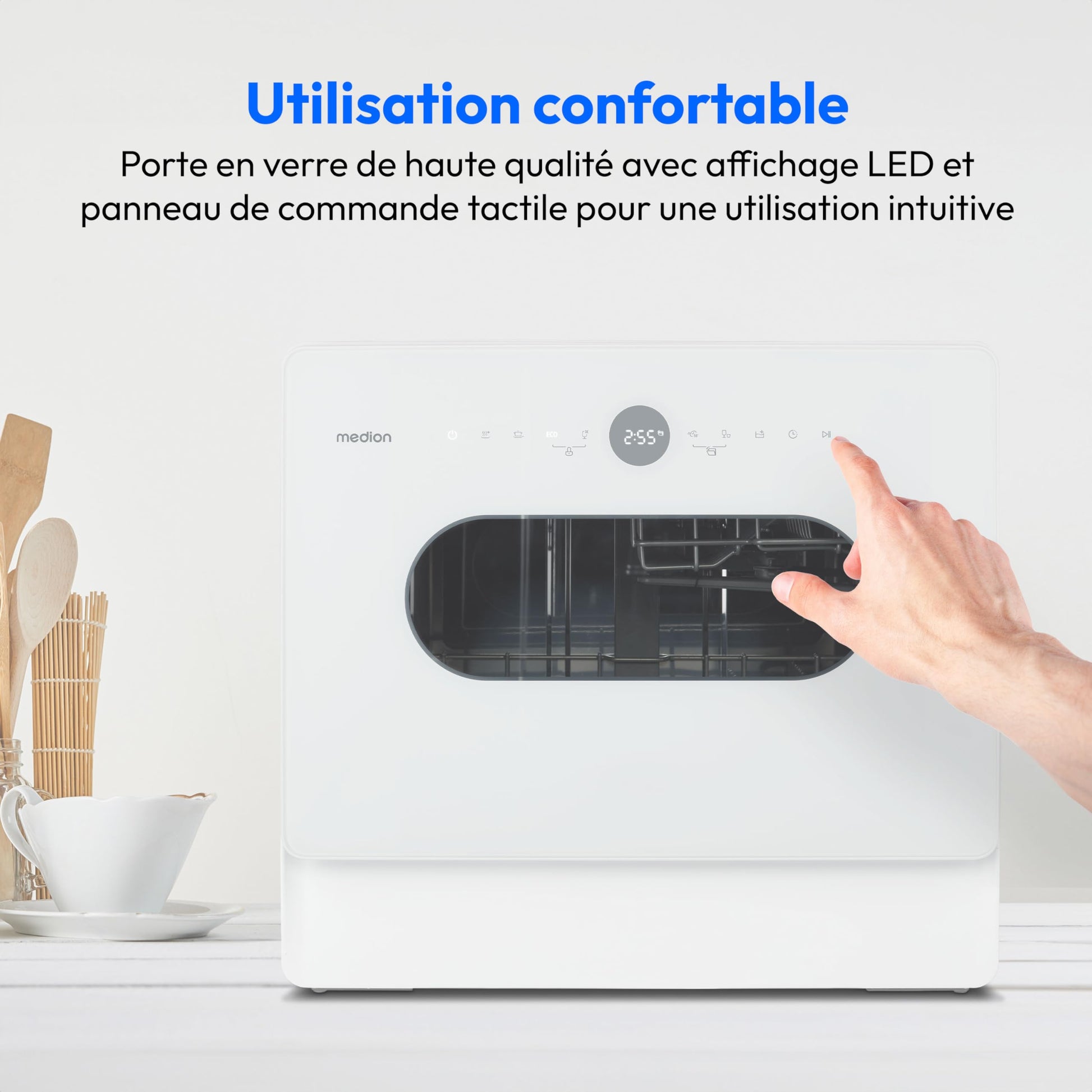 MEDION Mini lave-vaisselle DWT51 (lave-vaisselle de table avec panneau de commande tactile, fonction seau, 5 couverts, fonctionne avec/sans raccordement à l'eau, 7 programmes de nettoyage, départ diff