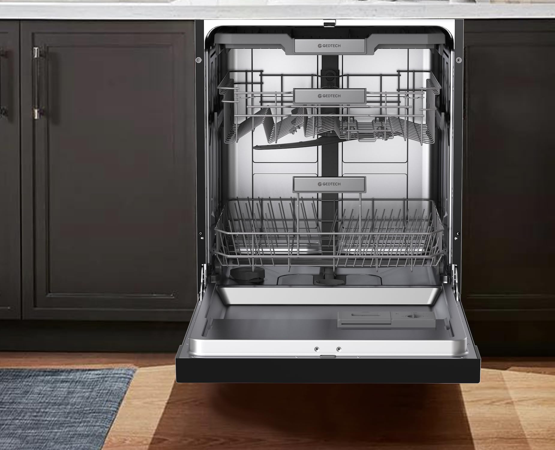 GEDTECH Lave-vaisselle GLV1542DX 15cv - Tiroir à couverts - 42 dB - Ultra silencieux - Départ Différé - Eco - Intensif - Rapide – Faible conso - Classe C - Dark Inox - Protection enfant