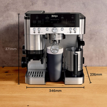 NINJA Machine à café Luxe Premier 3-en-1, Latte, Cappuccino, Infusion à froid et Espresso avec broyeur à grains et mousseur à lait intégrés, facile à utiliser, 4 préréglages mousse, argent, ES601EU