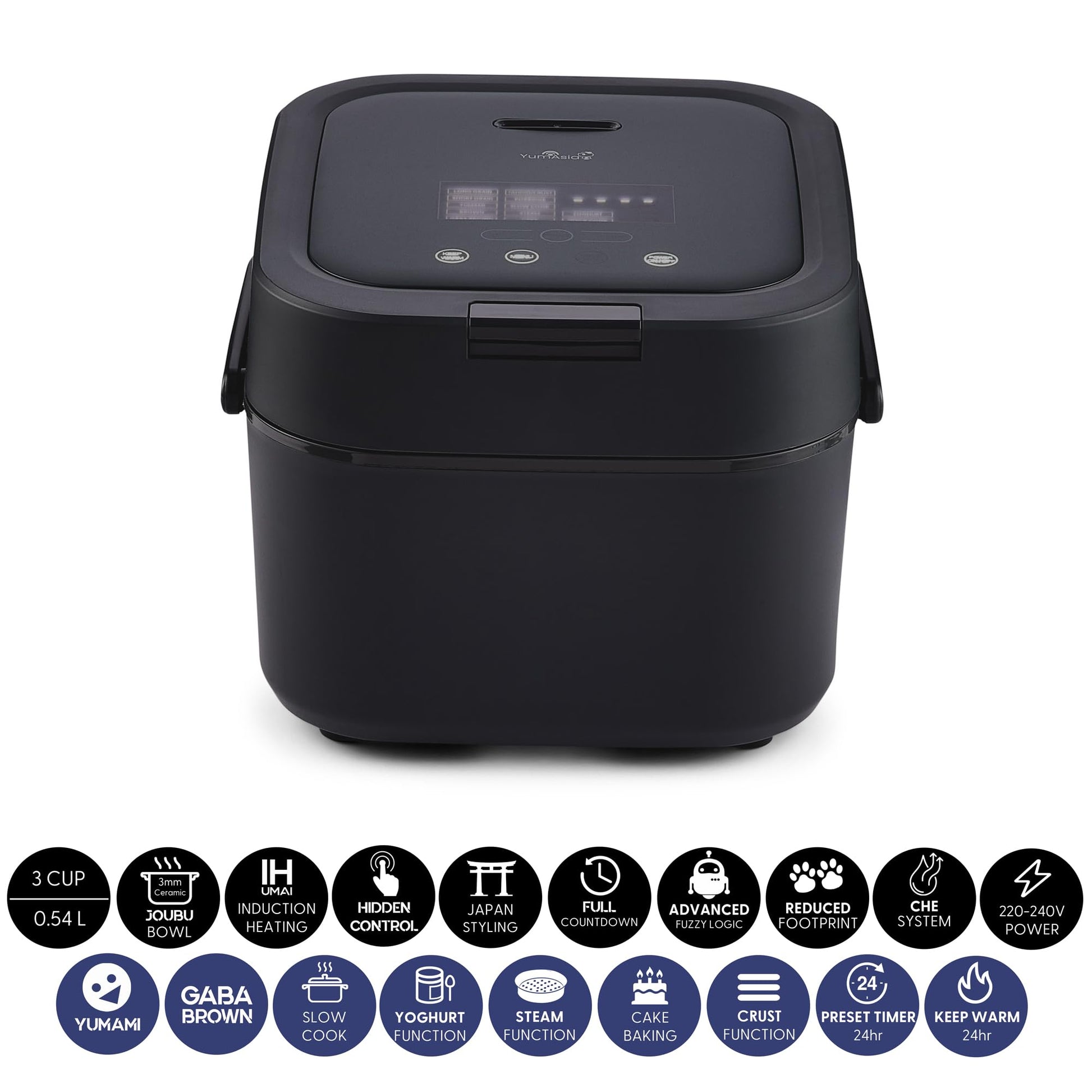 Yum Asia Hotaru Cuiseur à riz avec chauffage par induction (IH) et bol en céramique (3 tasses, 0,54 litre), 7 fonctions de cuisson du riz, 5 fonctions multicuiseur, 220-240V EU (Gris ardoise)