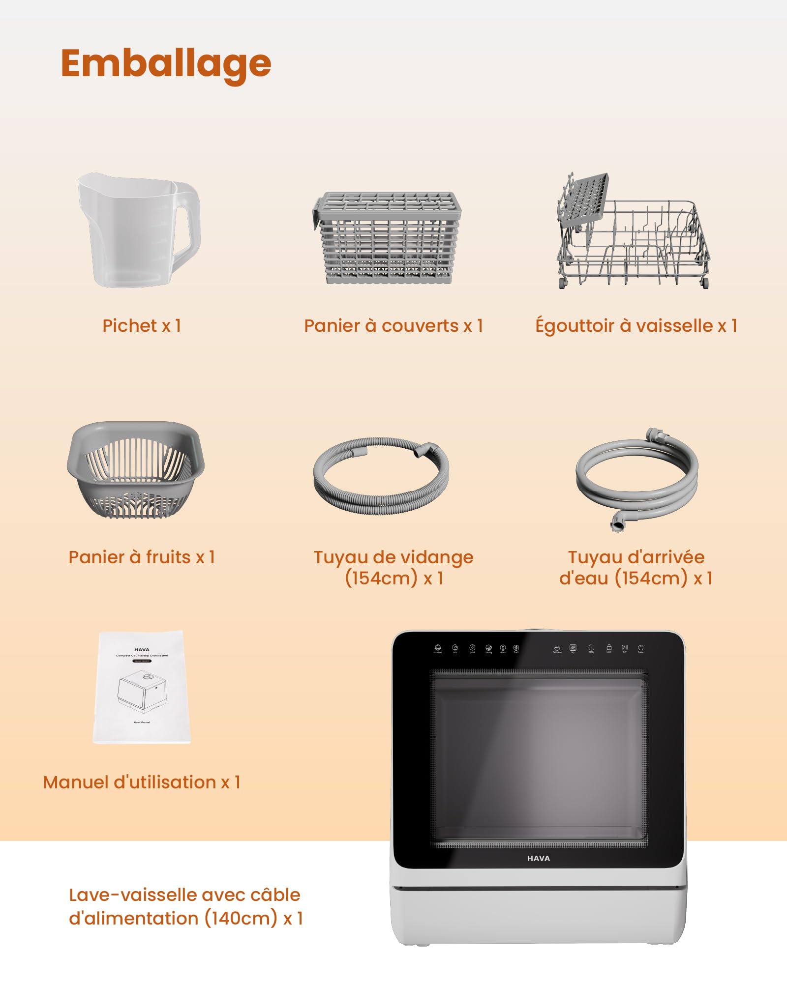 HAVA Lave-vaisselle de comptoir 2025 - Amélioré avec adoucisseur d'eau, efficacité énergétique optimale, 8 programmes de lavage, verrouillage enfant et fonction de démarrage différé