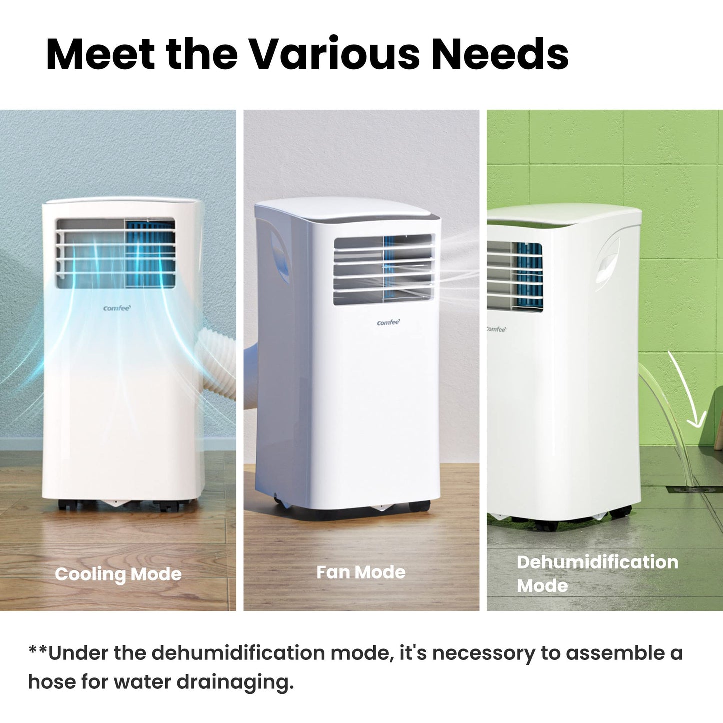 COMFEE' Climatiseur Mobile 9000 BTU/h 2,6kW, 3-EN-1 Refroidisseur Déshumidificateur Ventilateur, Fonction Follow me, Minuterie, Mode nuit, Pour salon et maison de 33㎡/88m³, MPPH-09CRN7, R290
