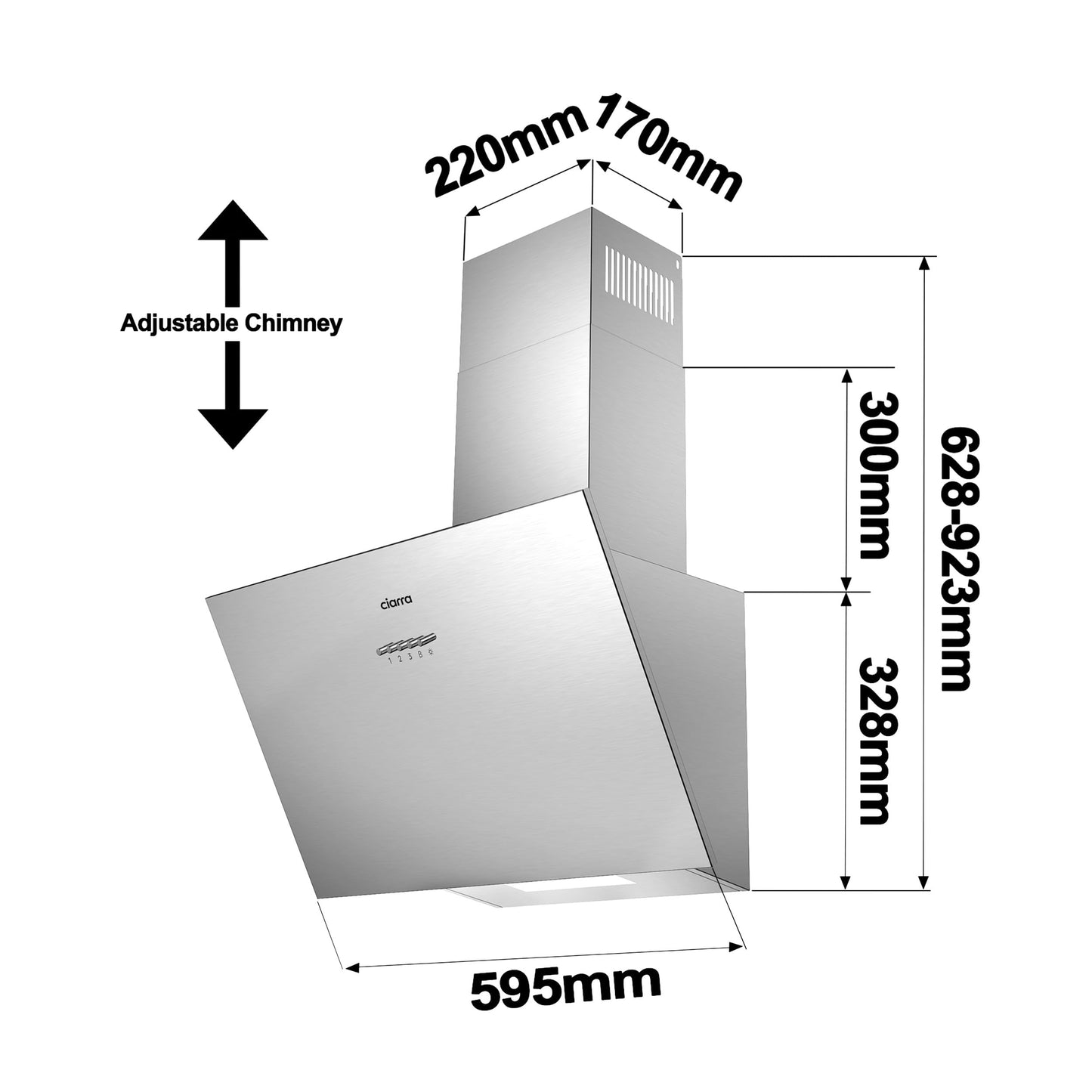 Ciarra Hotte Aspirante Inclinée 60cm - Classe A+++ - 650m³/h - Hotte de Cuisine 3 Vitesses - Filtres à Charbon Inclus - Evacuation ou Recyclage - Inox
