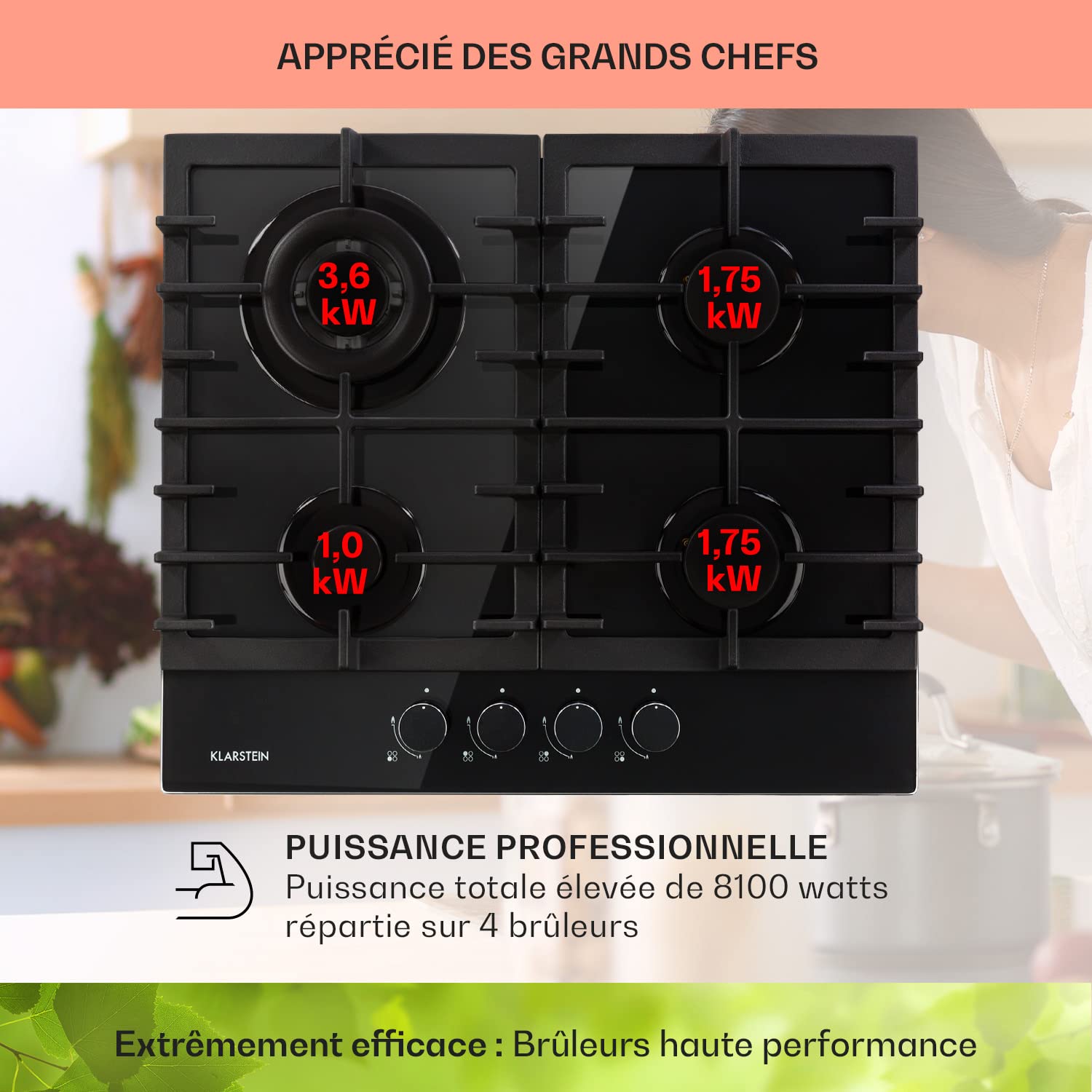 Klarstein Plaque de Cuisson Gaz à 4 Brûleurs en Acier Inoxydable, Table de Cuisson Encastrable à 4 Feux de 8100W, Cuisinières GP