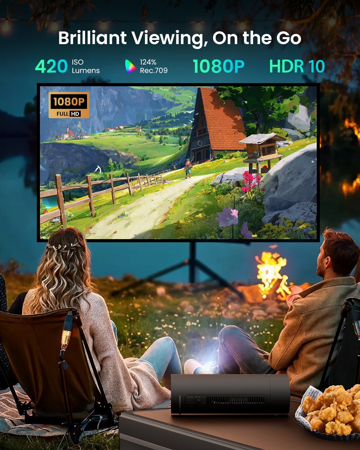 JMGO PicoFlix Mini Videoprojecteur Portable Extérieur avec Google TV, Netflix, 1080P, 420 ISO Lumens, Batterie de 4,5 Heures, Vidéoprojecteur Home Cinéma 200", HDR10, Gimbal, Haut-parleurs 10W