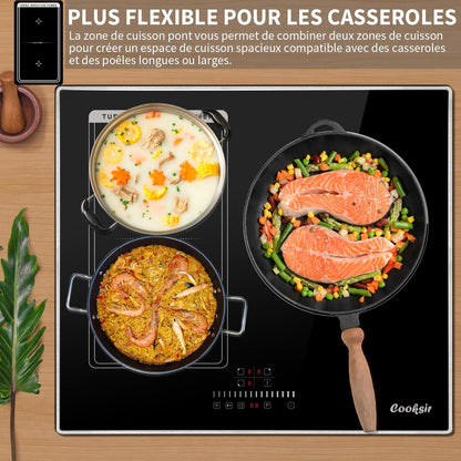 Cooksir Plaque Induction 3 Feux avec Cadre, Table de Cuisson Induction 60cm Encastrable, 6800W, Commande Tactile à Curseur, Bord Inox, Zone Flexibles pour le Grille, Sans Fiche, 240V