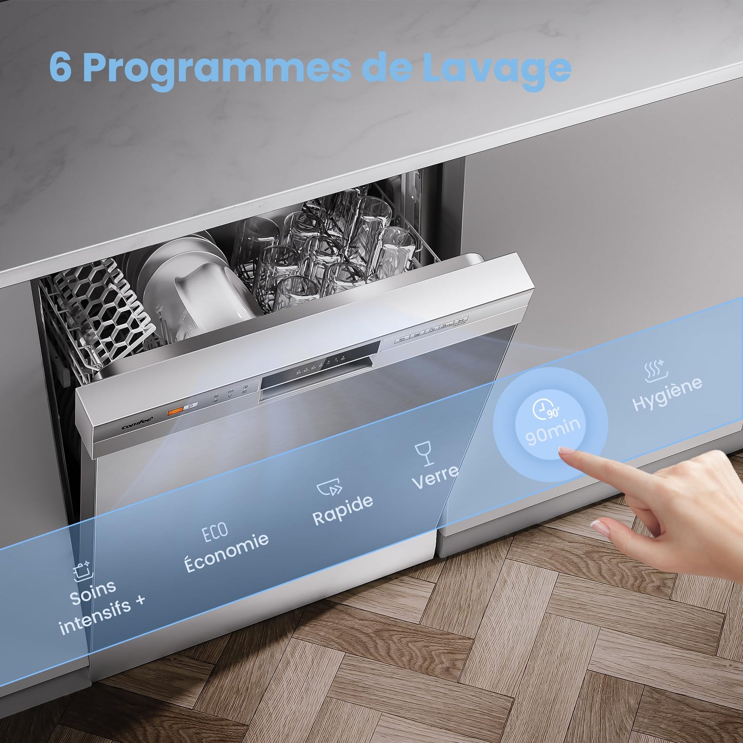 COMFEE' CDWPF1201PS Lave-vaisselle Pose Libre, 60 cm, 12 couverts, départ différé, fonction demi-charge, paniers flexibles - Acier Inoxydable, 49 dB, Commande Bouton