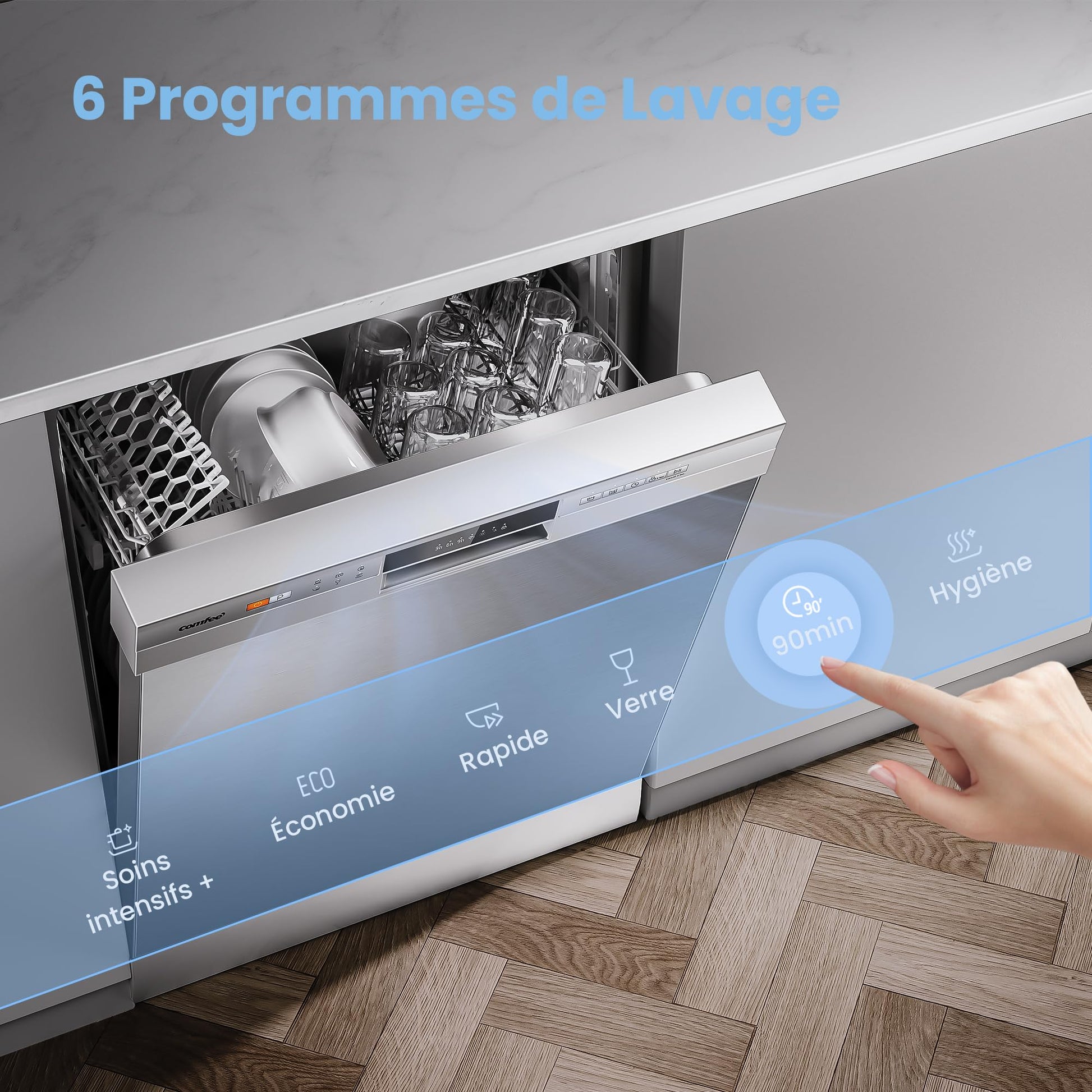 COMFEE' CDWPF1201PS Lave-vaisselle Pose Libre, 60 cm, 12 couverts, départ différé, fonction demi-charge, paniers flexibles - Acier Inoxydable, 49 dB, Commande Bouton