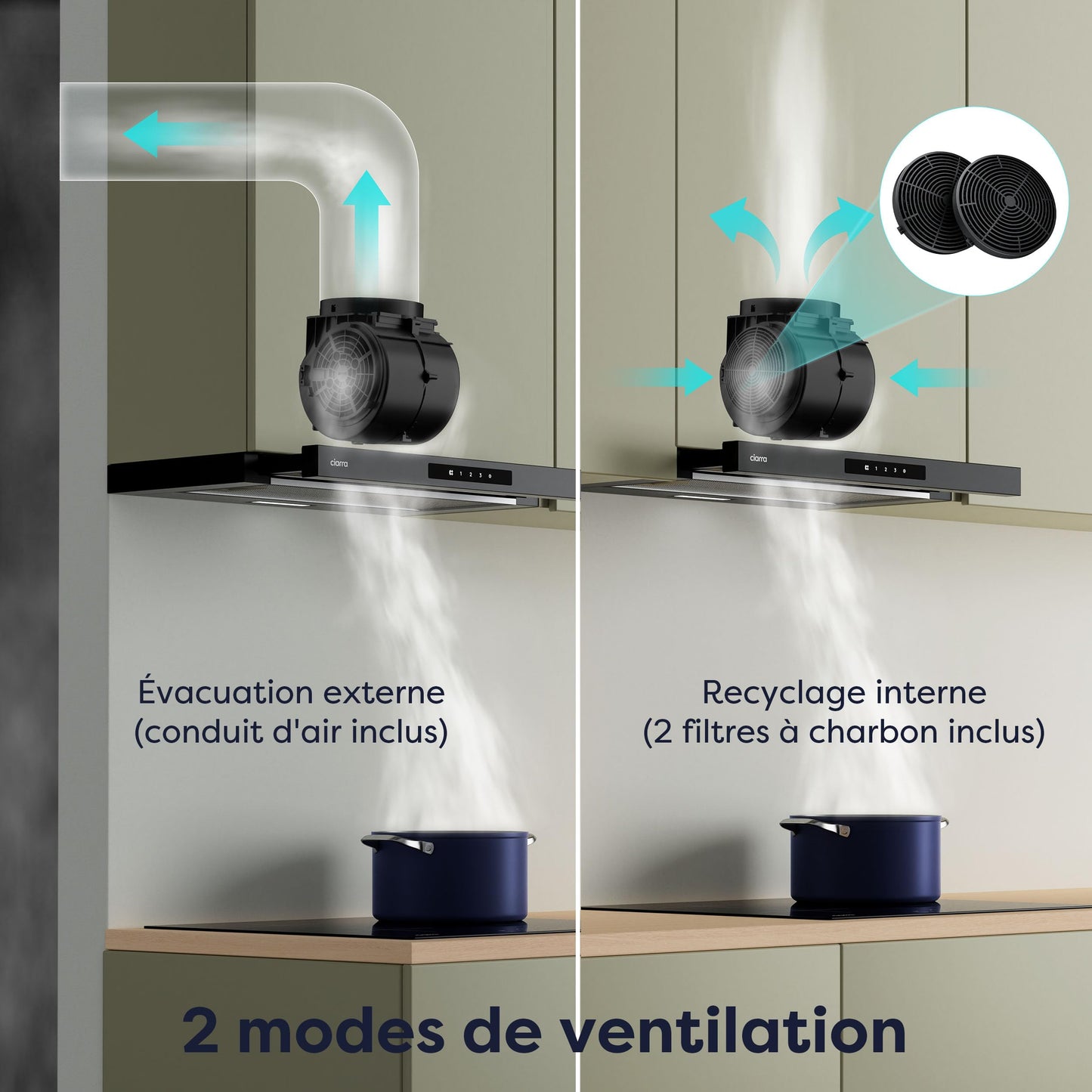 CIARRA CBCB6909A Classe A+ Hotte Télescopique Encastrable 60 cm 600 m³/h, Commande Tactile, 3 Vitesses, Recyclage & Evacuation, Filtre à Charbon CBCF055 Inclus, Noire