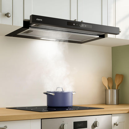 CIARRA CBCB6909A Classe A+ Hotte Télescopique Encastrable 60 cm 600 m³/h, Commande Tactile, 3 Vitesses, Recyclage & Evacuation, Filtre à Charbon CBCF055 Inclus, Noire