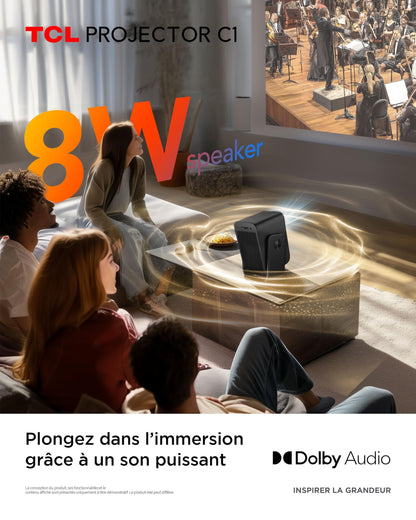 TCL C1 Videoprojecteur 4K Compatibilité, Natif 1080P, Audio Dolby 8 W, Netflix Certifié, Smart Google TV Intégré, Auto Focus/Keystone, Wi-FI Bluetooth, Pivotant à 285° Mini Projecteur Video Portable