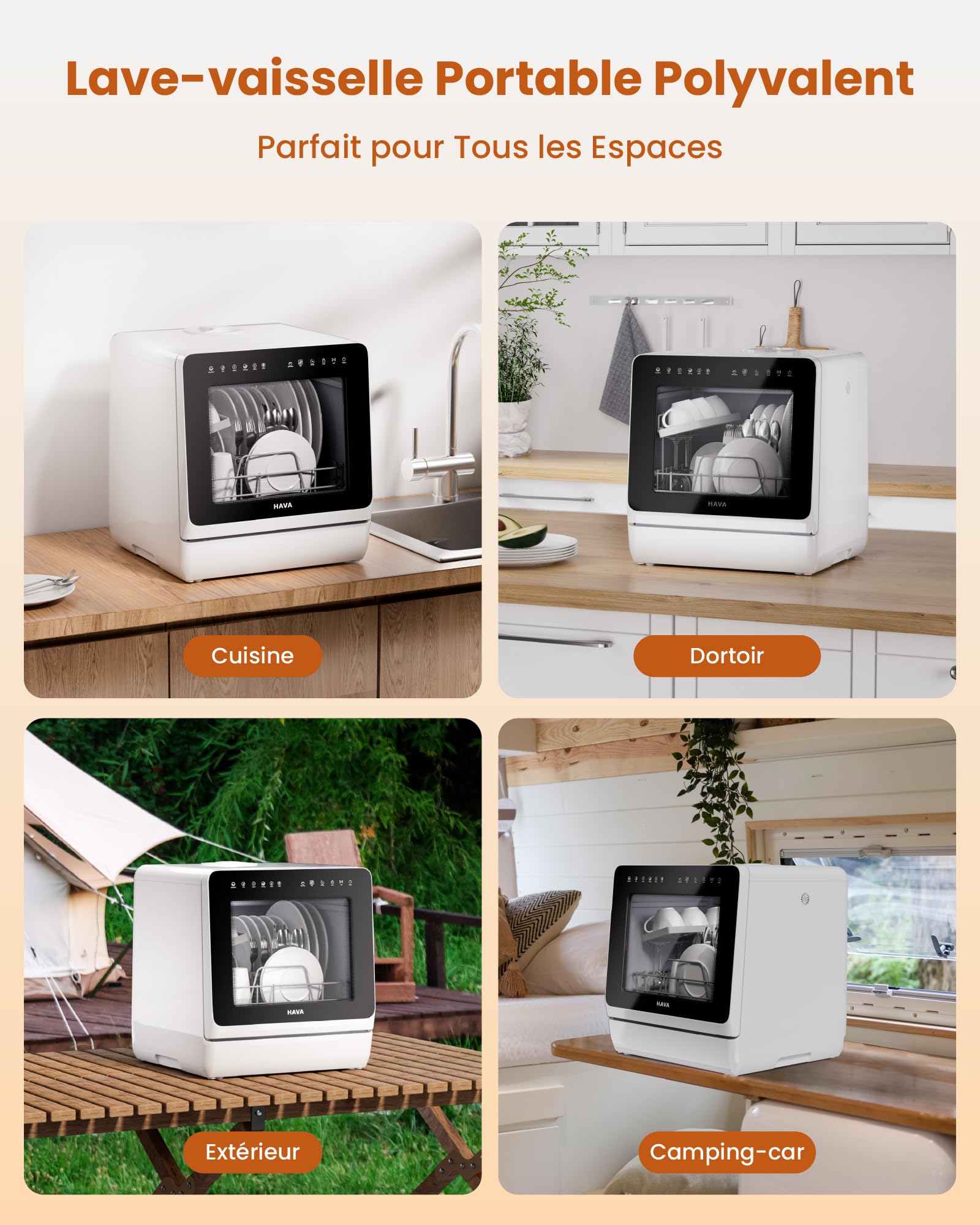 HAVA Lave-vaisselle de comptoir 2025 - Amélioré avec adoucisseur d'eau, efficacité énergétique optimale, 8 programmes de lavage, verrouillage enfant et fonction de démarrage différé