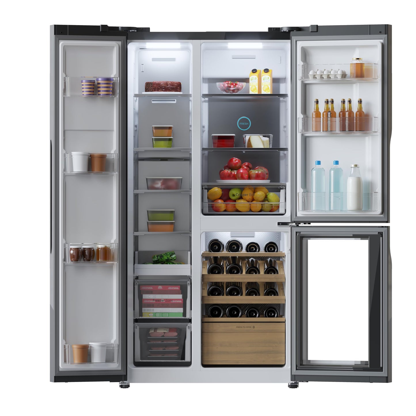 Cecotec Réfrigérateur 3 Portes Bolero CoolMarket TDW 548 Black Glass E, Classe E, 548L, Design T Door, Compresseur Inverter Plus, Total No Frost, Metal Cooling, Multi AirFlow, Fast Cooling et Freezing