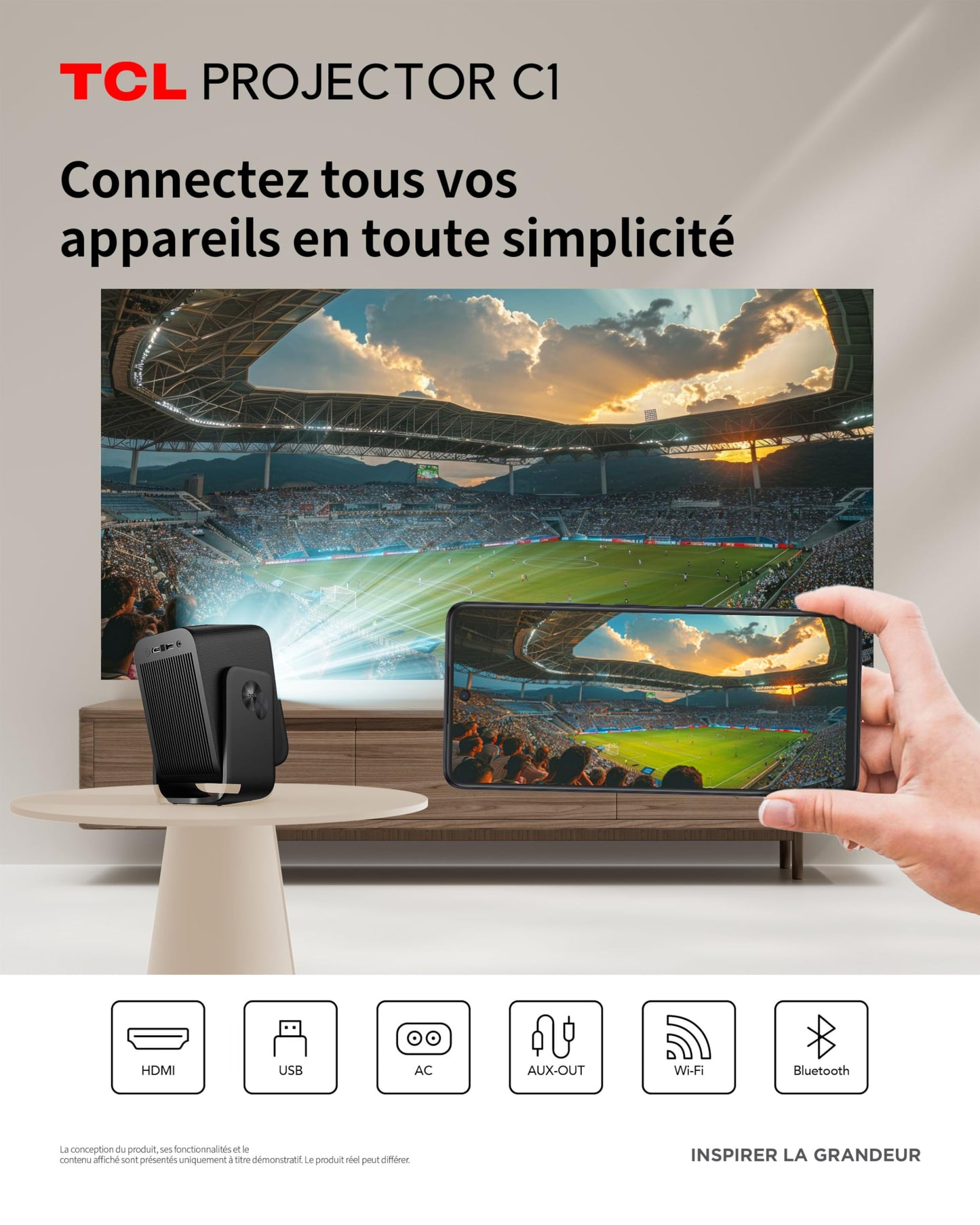TCL C1 Videoprojecteur 4K Compatibilité, Natif 1080P, Audio Dolby 8 W, Netflix Certifié, Smart Google TV Intégré, Auto Focus/Keystone, Wi-FI Bluetooth, Pivotant à 285° Mini Projecteur Video Portable