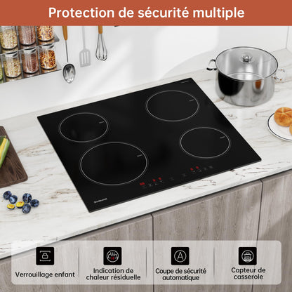 Gudsunal Plaque induction 4 feux, Table de Cuisson Encastrable,7200W, 9 niveaux de chauffage,Boost, Minuterie, Arrêt automatique, Verrouillage de sécu