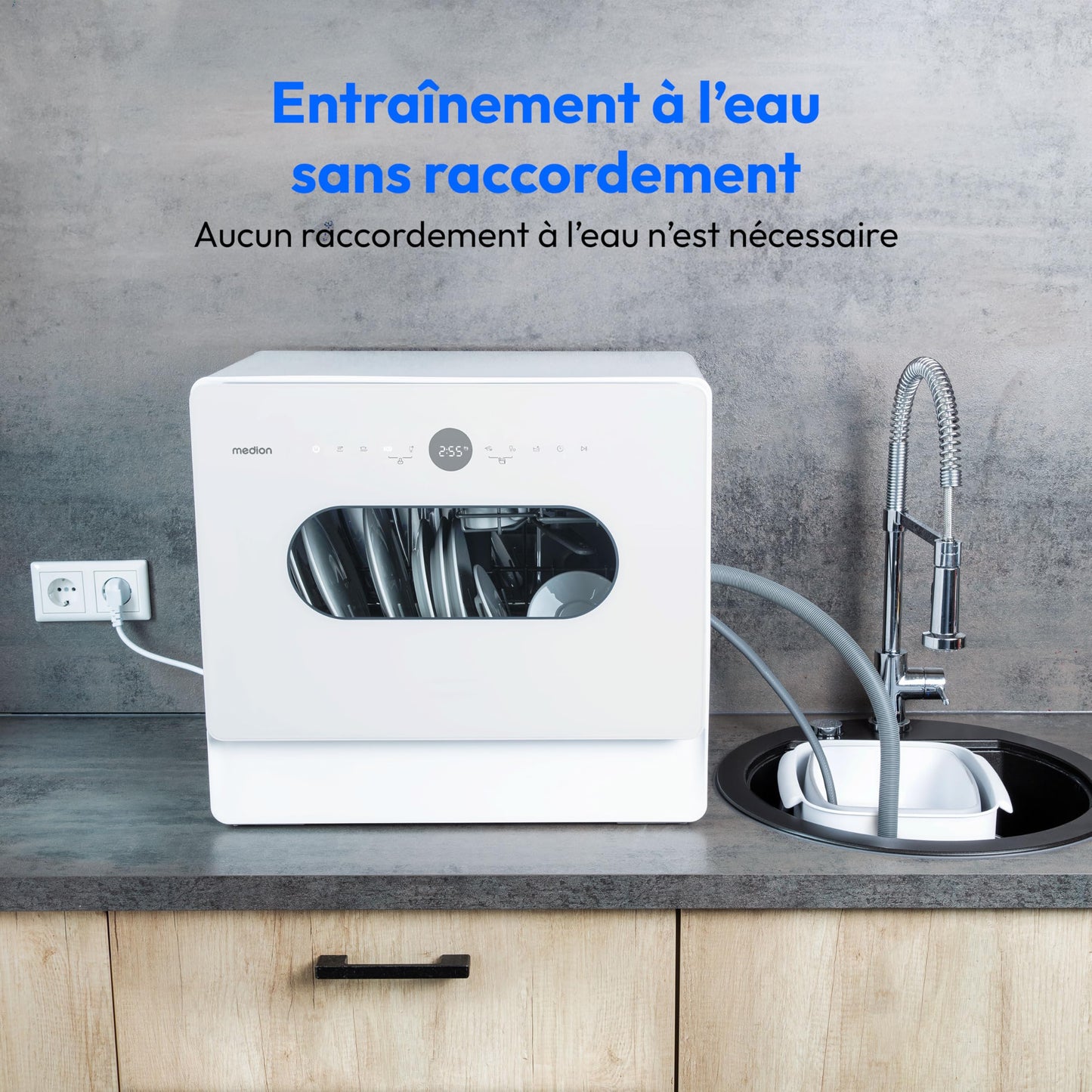 MEDION Mini lave-vaisselle DWT51 (lave-vaisselle de table avec panneau de commande tactile, fonction seau, 5 couverts, fonctionne avec/sans raccordement à l'eau, 7 programmes de nettoyage, départ diff