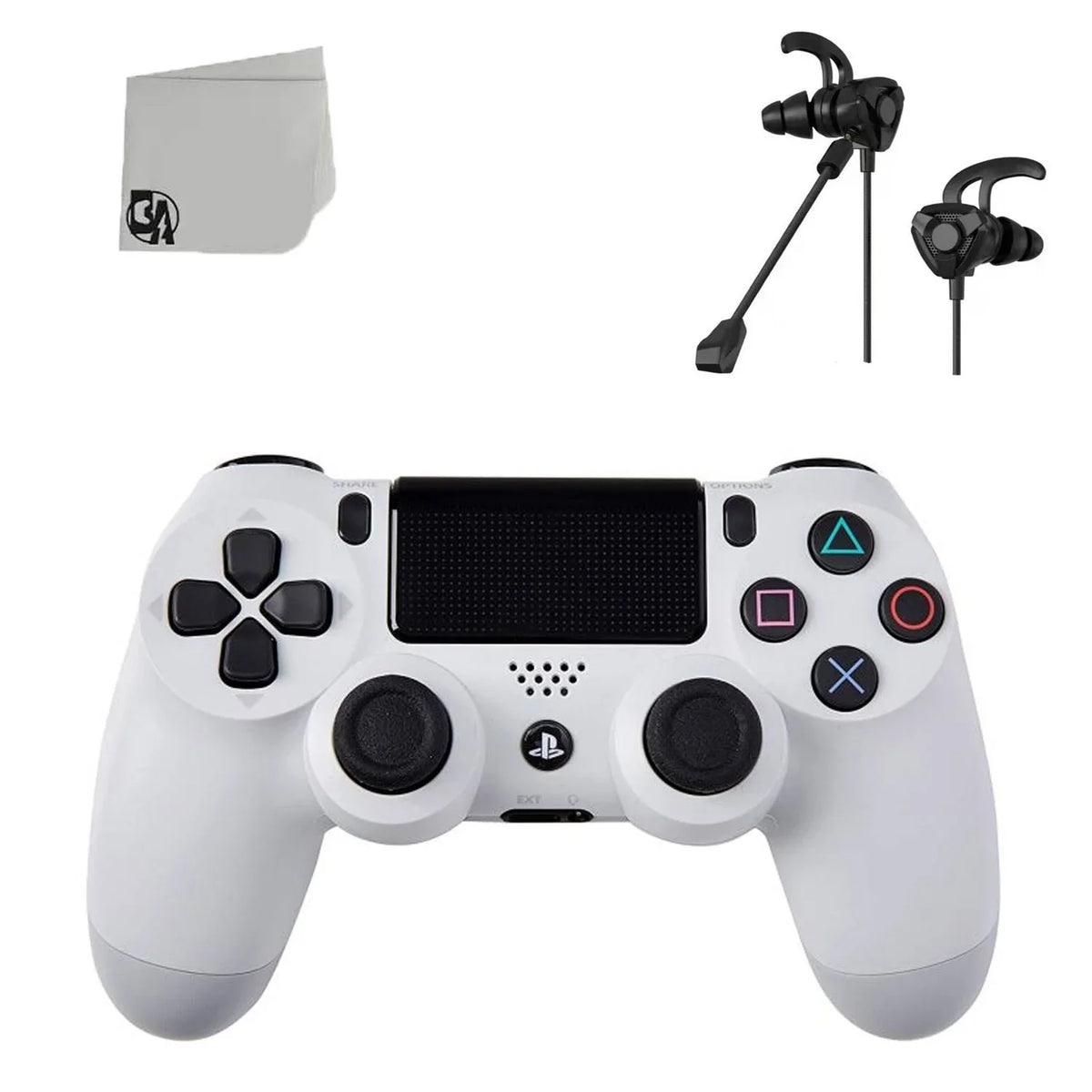 White DualShock PS4 Wireless Controller Bundle - Like New - With Earbuds BOLT AXTION Included