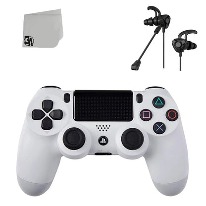 White DualShock PS4 Wireless Controller Bundle - Like New - With Earbuds BOLT AXTION Included