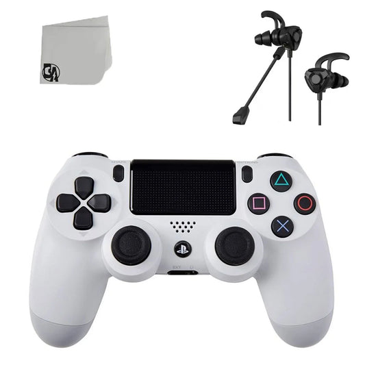 White DualShock PS4 Wireless Controller Bundle - Like New - With Earbuds BOLT AXTION Included