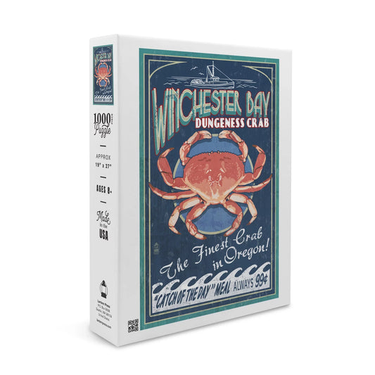 Winchester Bay, Oregon, Dungeness Crab Vintage Sign (1000 Piece Puzzle, Size 19x27, Challenging Jigsaw Puzzle for Adults and Family, Made in USA)